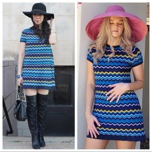 MISSONI FOR TARGET Chevron Short Sleeve Blue Mini Sweater Dress Stretch Easter